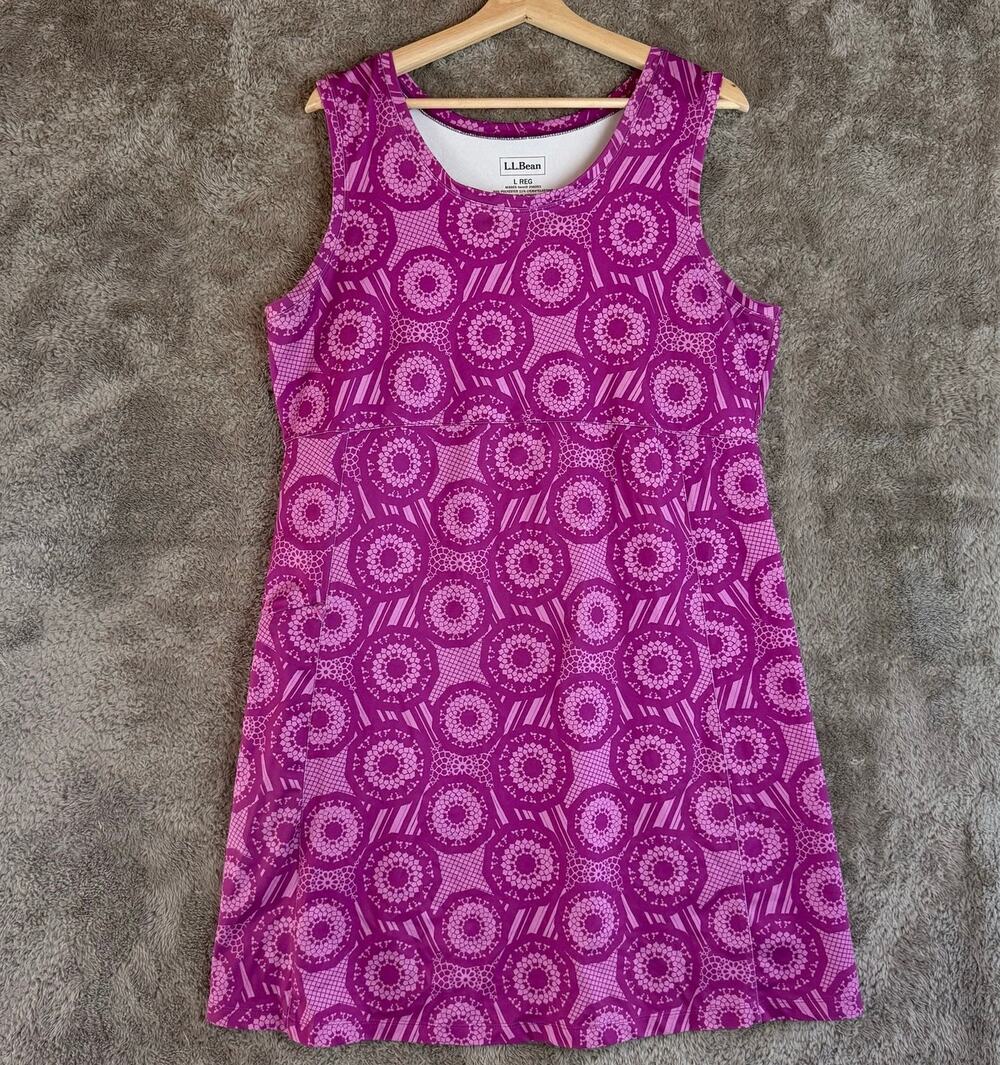 LL Bean Active Tank Dress Pink Purple Large L Sleeveless Stretch Zipper Pocket